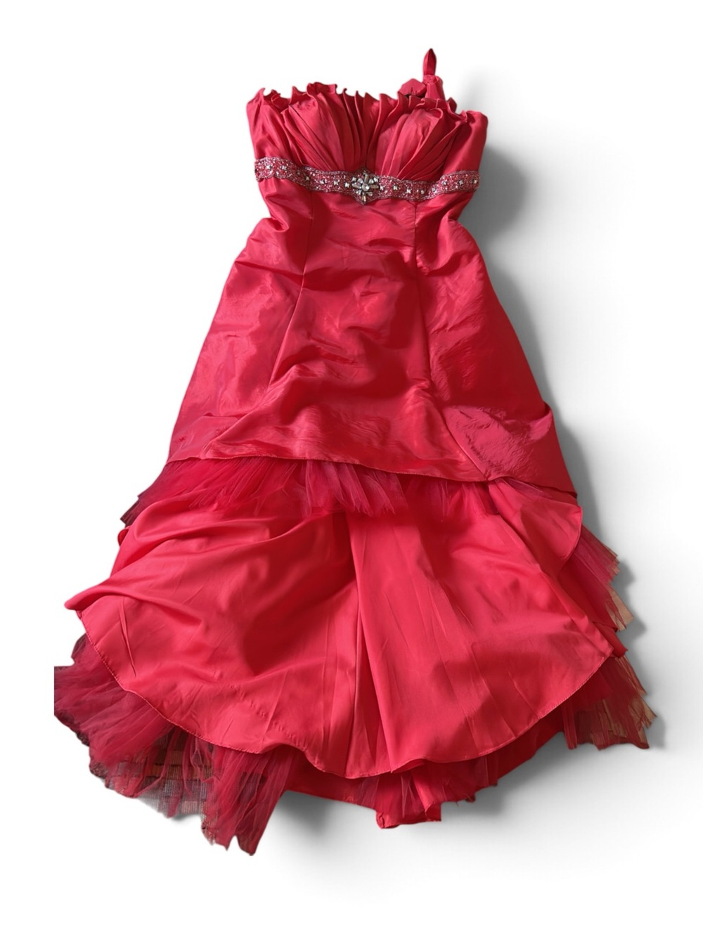 May Queen Strapless Red Satin Evening Gown with Beaded Waist